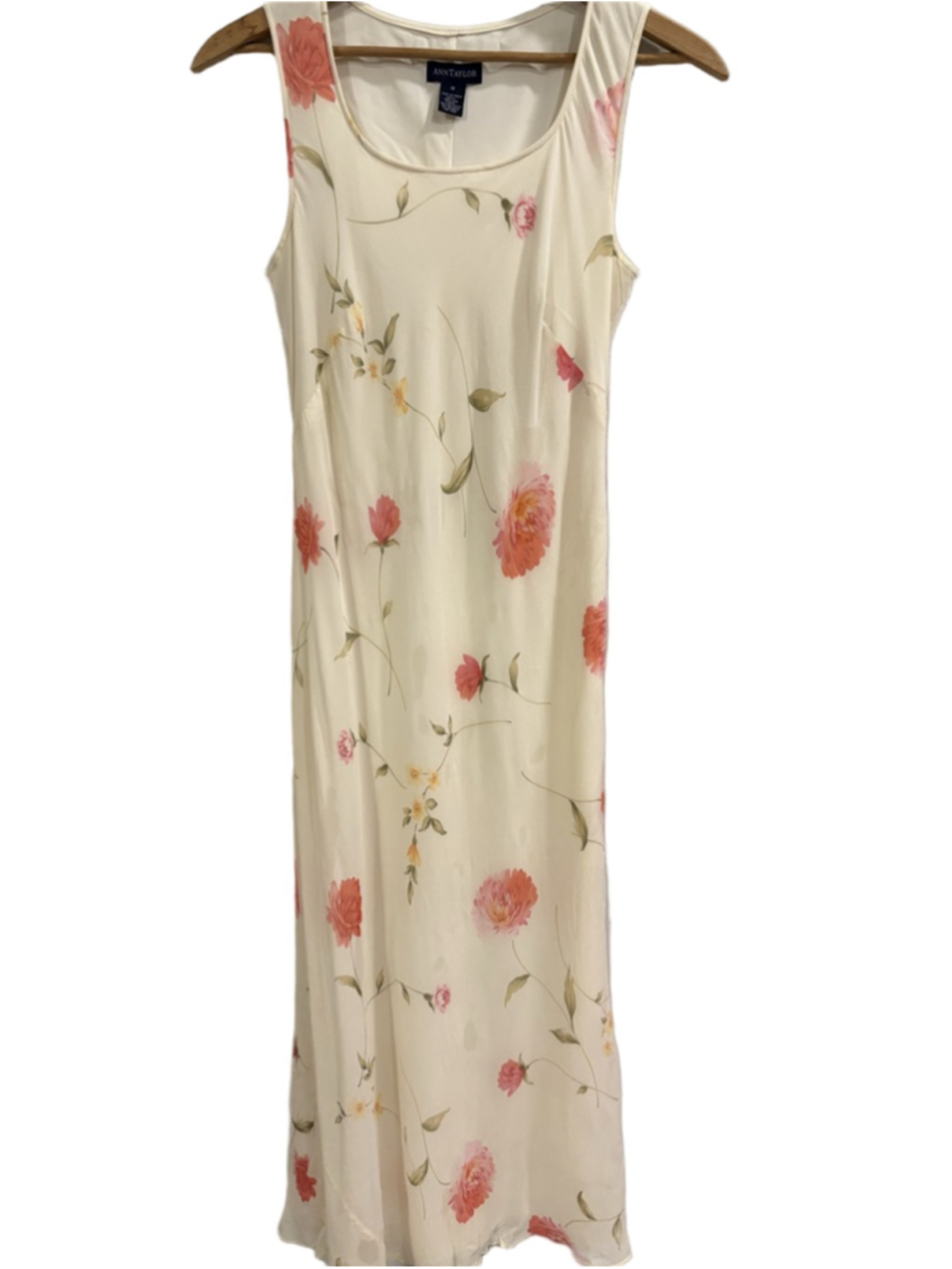 VTG Vintage Ann Taylor Y2K 100% Silk Cream Pink Floral Column Maxi Dress - Picture 2 of 7